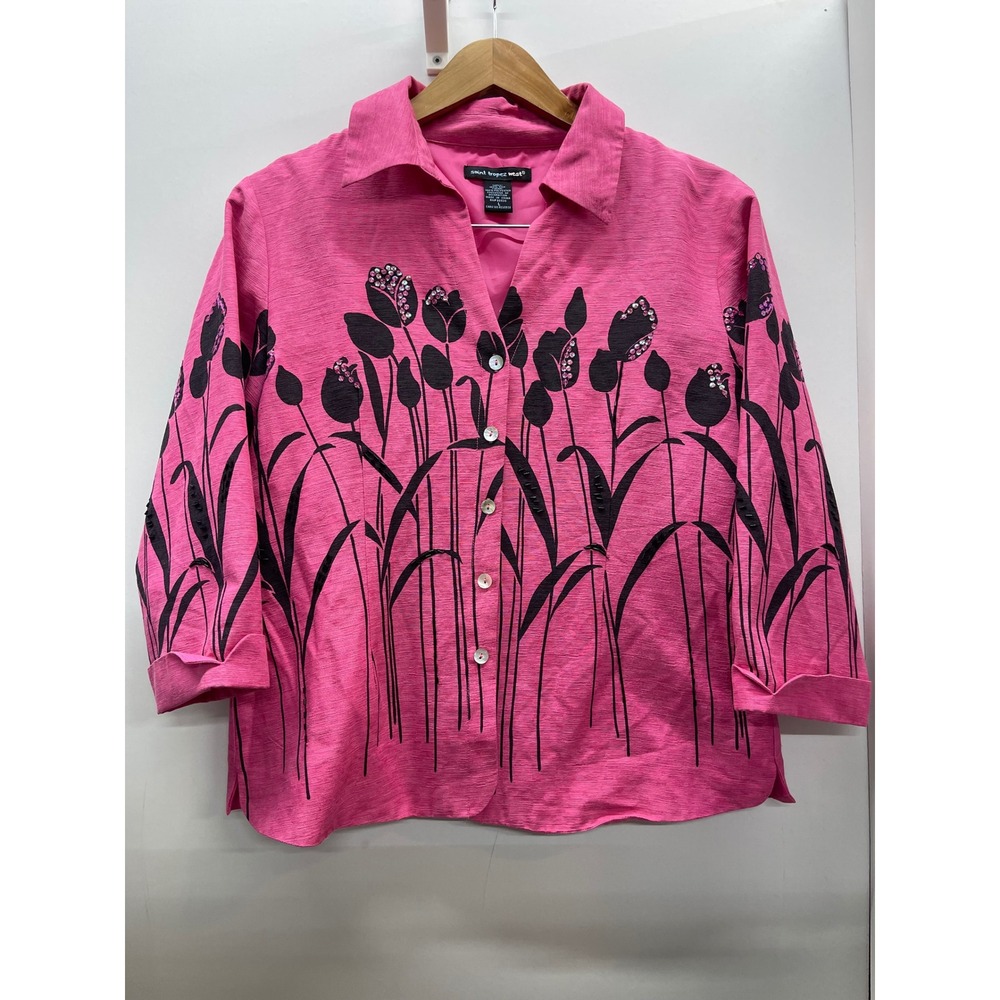 Saint Tropez West Pink Silk Floral Tulip Sequin Button Up Shirt Large